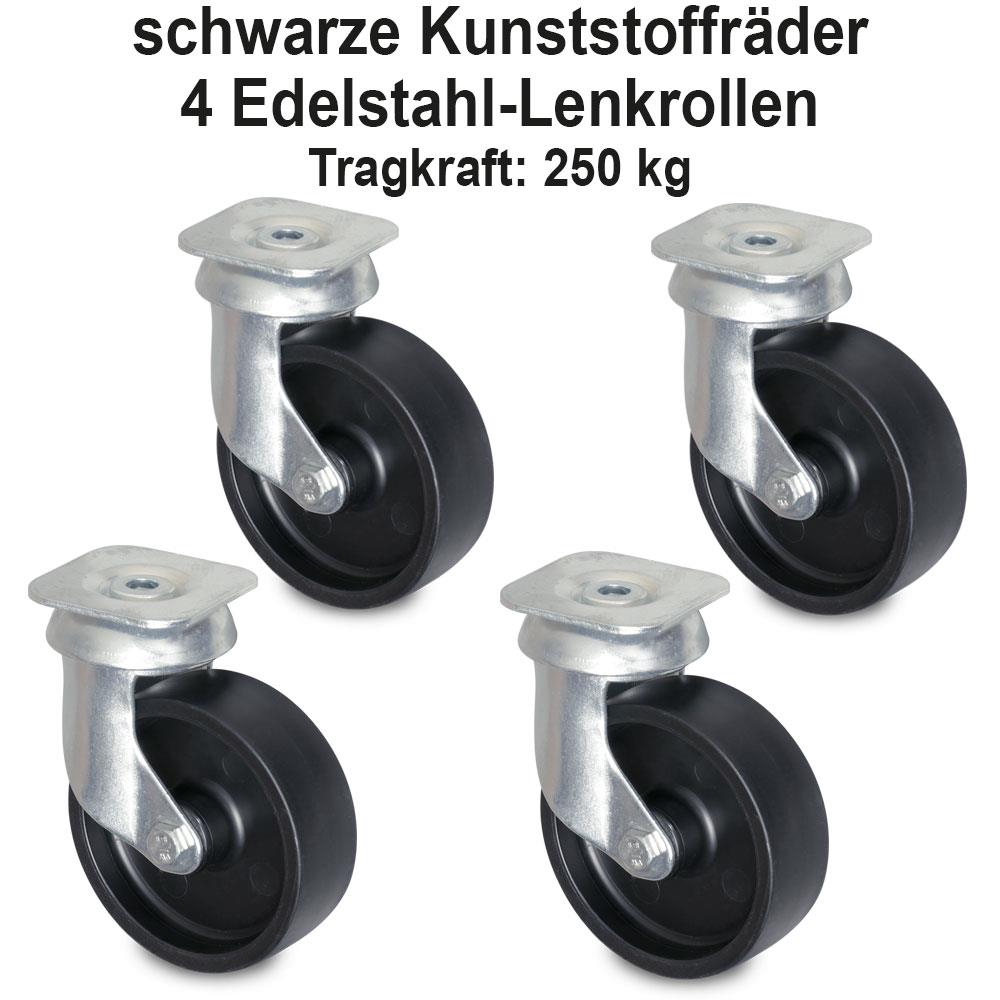 Gitter-Transportroller für 600x400 mm Eurobehälter, Gitterdeck, 4 Edelstahl-Lenkrollen, schwarze Kunststoffräder, rot