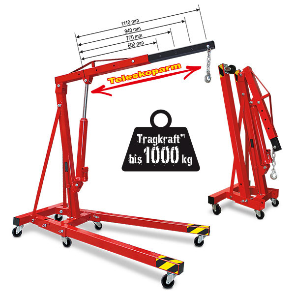 Werkstatt- und Montagekran, rot, LxH 1630x1450-2320 mm, Tragkraft 250-1000 kg, Gewicht 72 kg