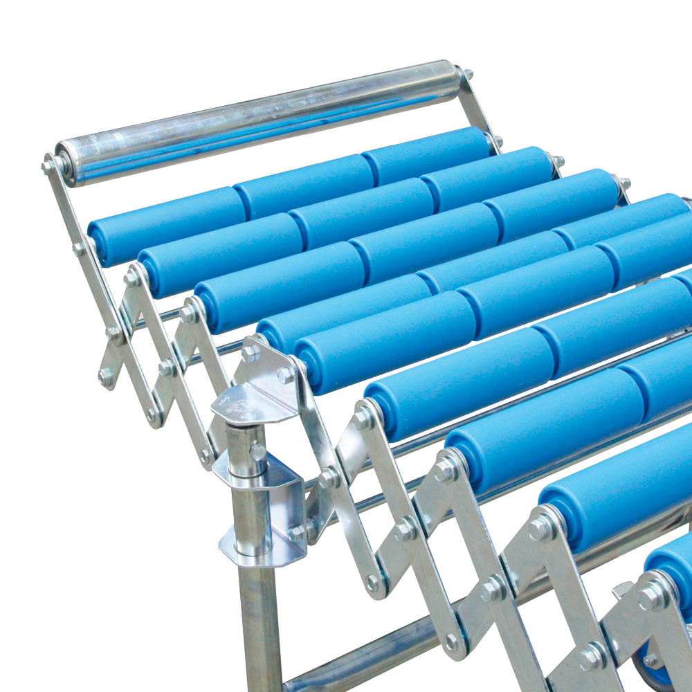 Scheren Rollenbahnen mit Tragrollen aus Kunststoff, LxB 3300/7900x400 mm, Ø 50x2,8 mm, Farbe blau