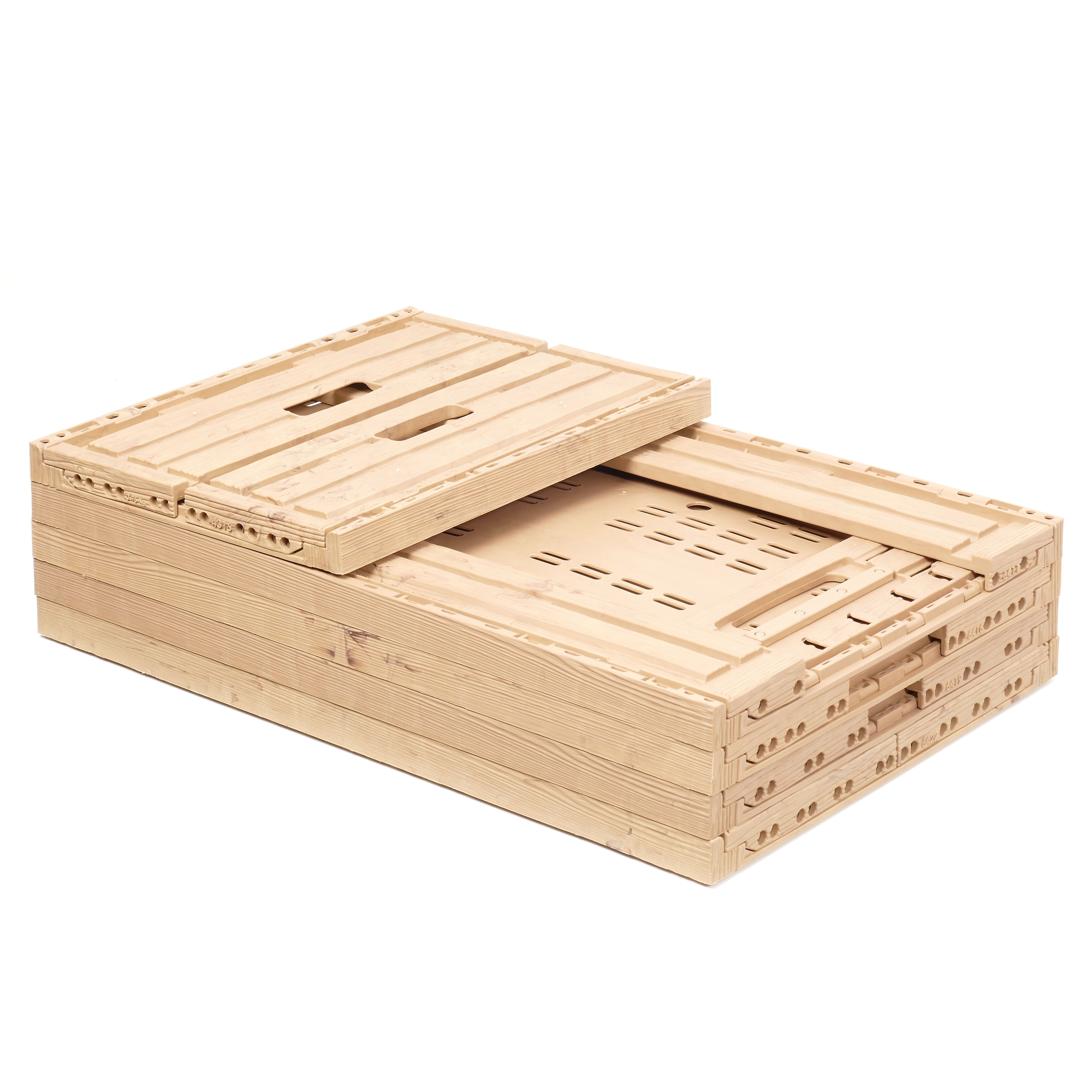 Klappbox im Holzdekor, geschlitzt, PP, LxBxH 600x400x115 mm, 23 Liter, beige
