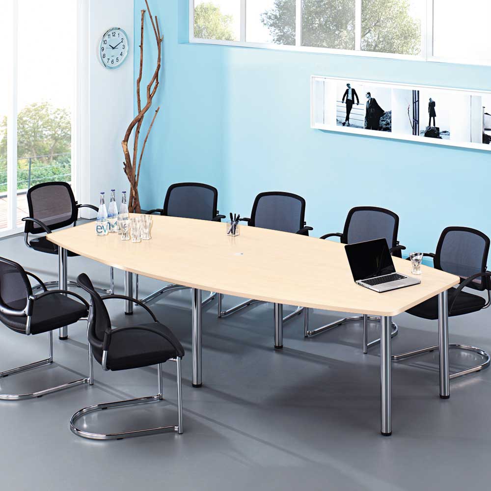 Konferenztisch mit 6 Rundrohrfüßen, chrom, Platte Ahorn, BxTxH 2800x1300/780x740 mm