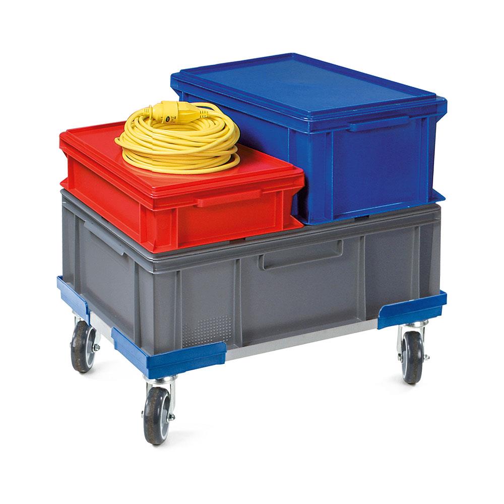 Transportroller "VARIO" für Euro-Stapelbehälter 600x400 mm, grau-blau, 4 Lenkrollen, graue Gummiräder