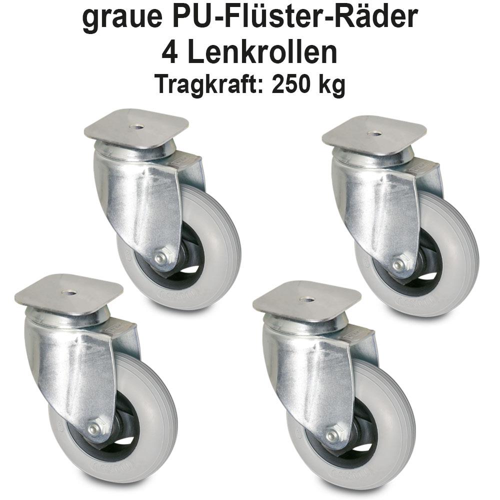 Edelstahl-Flüster-Roller für Stapelbehälter 600x400 mm, 100 mm PU-Rad, Deck geschlossen, Tragkraft 250 kg