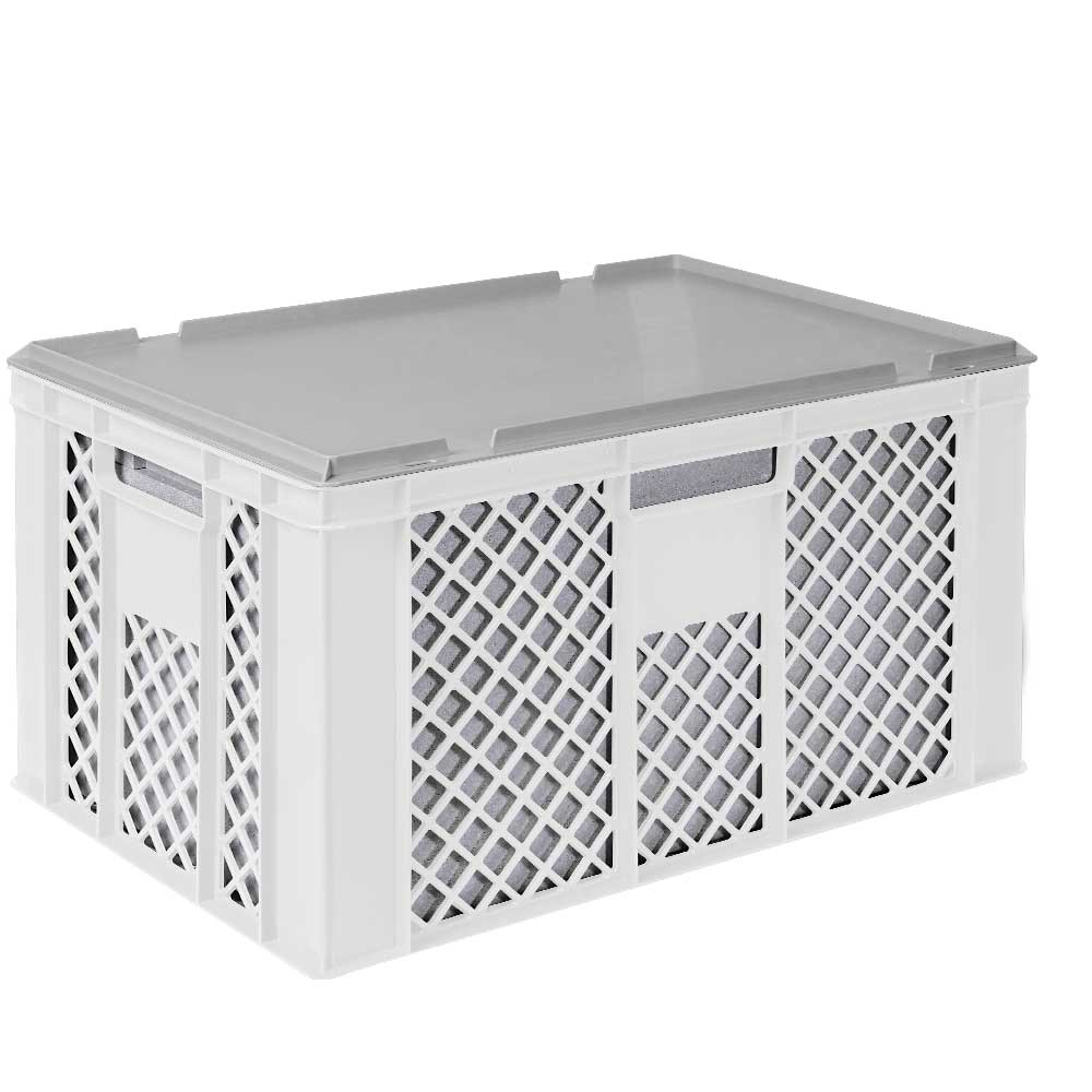 2x EPS-Thermobox im Stapelkorb mit Deckel, LxBxH 600x400x320 mm, weißer Korb, grauer Deckel 