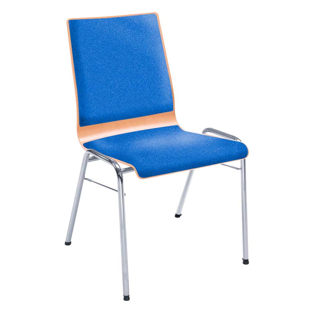 Holzschalen-Stapelstuhl, Mit Sitz- und Rückenpolster in Farbe blau