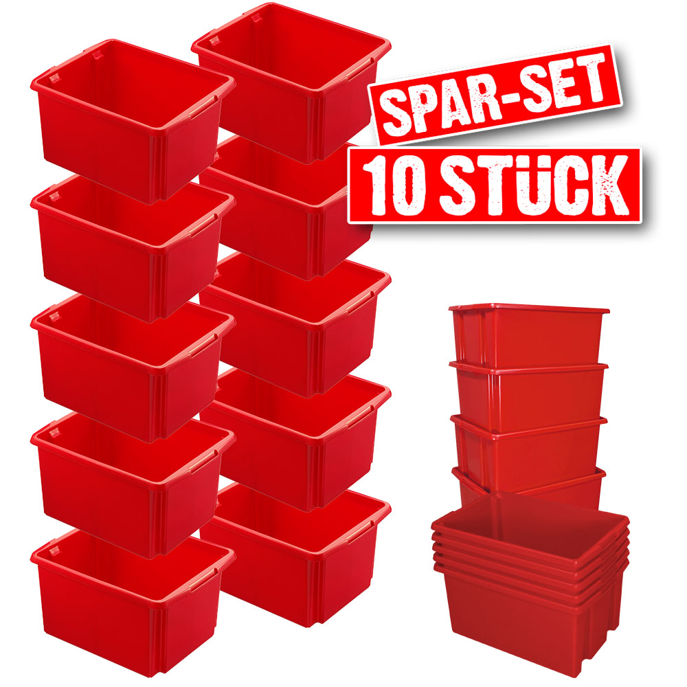 10x Dreh- und Stapelbehälter, Spar-Set, LxBxH 455x360x245 mm, 32 Liter, rot