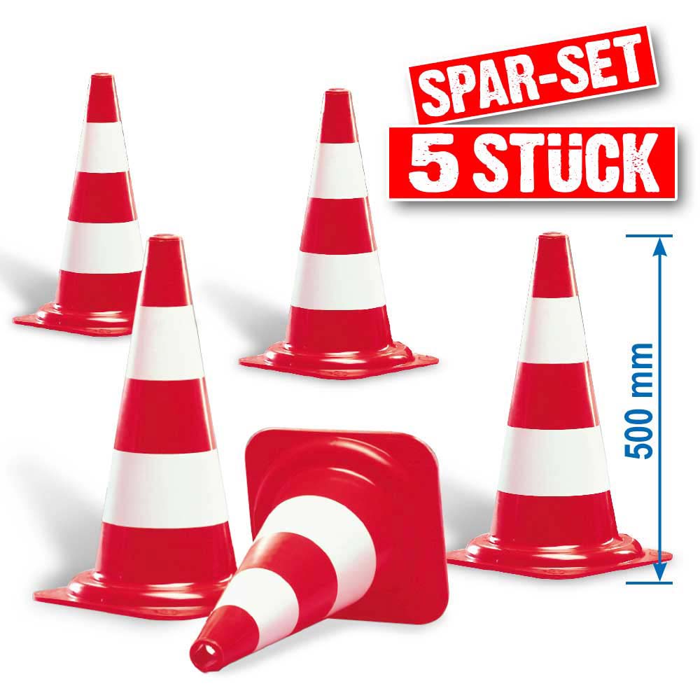 5x Leitkegel Spar-Set, Kegelhöhe 500 mm, Farbe rot mit 2 weißen Streifen
