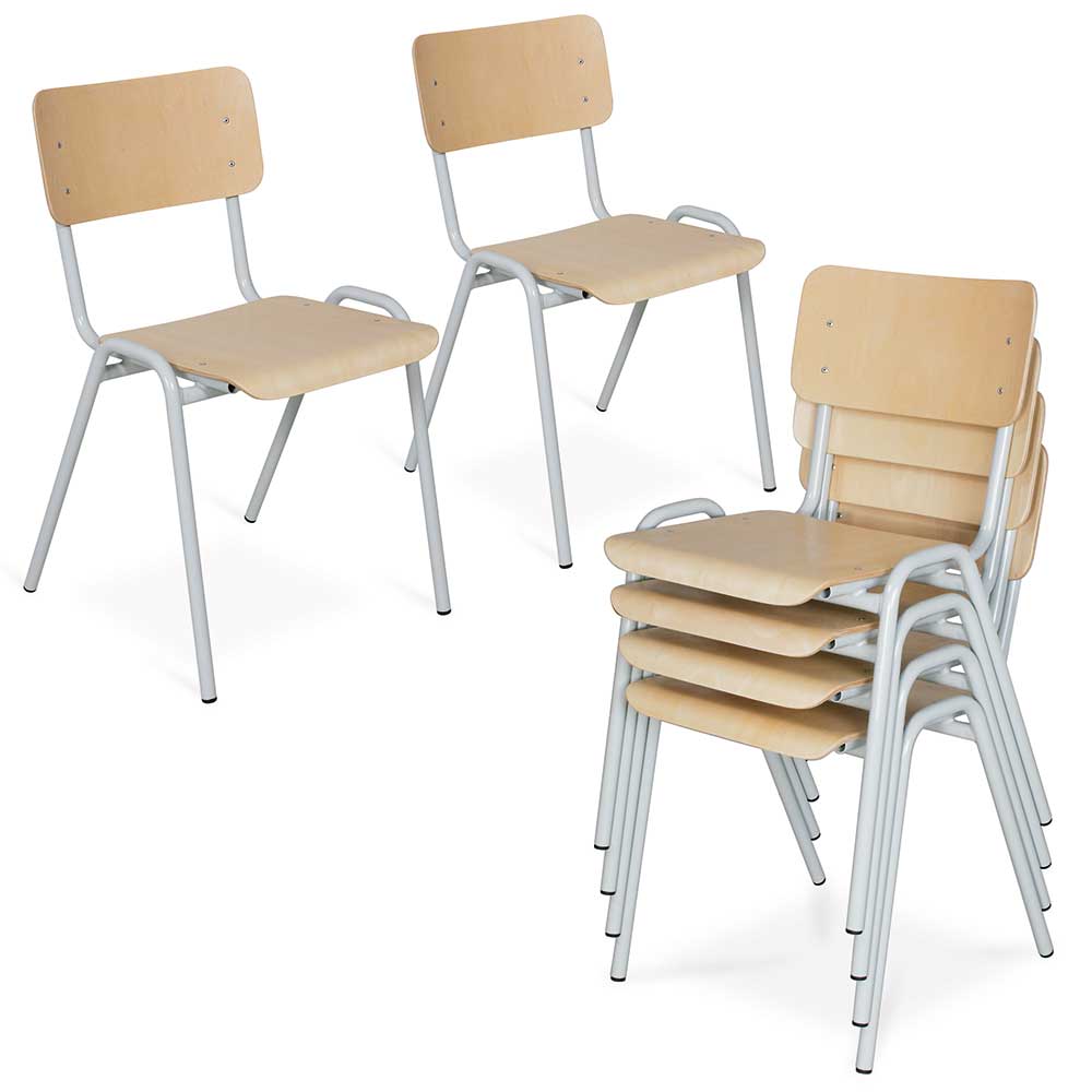 6-Set Stapel-Stuhl/Warteraum-Stuhl mit Stahlrohrgestell, belastbar bis 91 kg, kunststoffbeschichtet, Sitz und Lehne aus Buchenschichtholz, Gestellfarbe lichtgrau