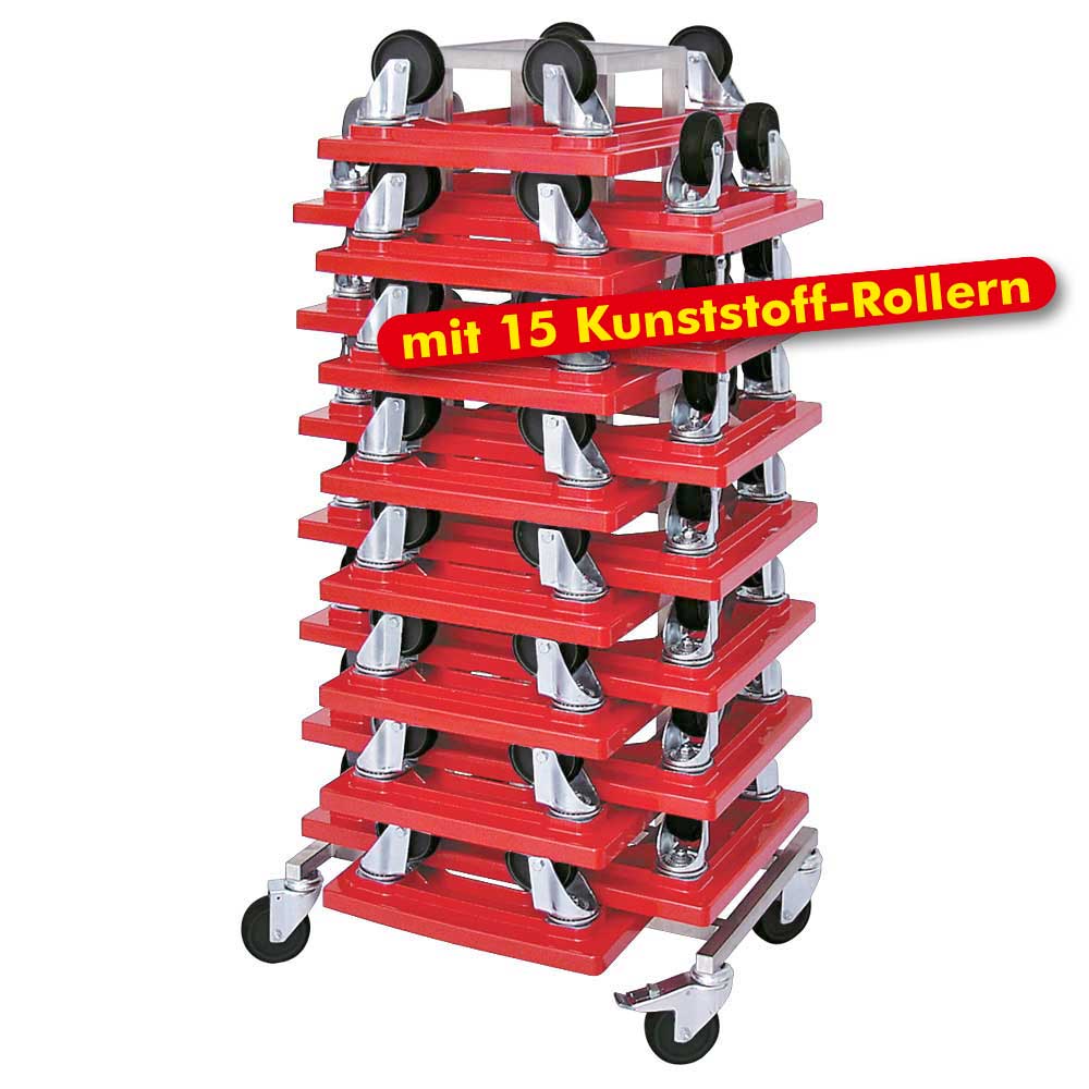 Rollerständer mit 15 Transportrollern 600x400 mm mit schwarzen Kunststoffrädern, rot
