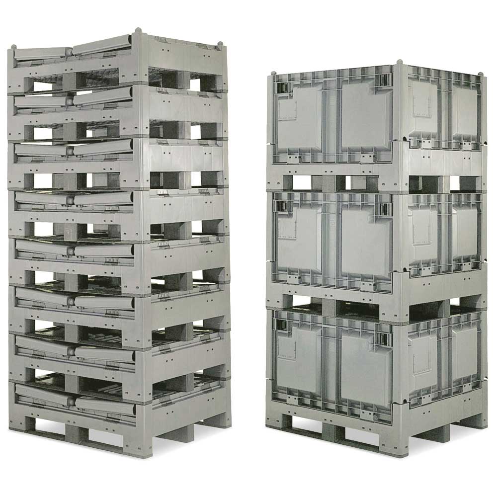 Groß-Klappbox / Großbehälter mit 3 Kufen, 670 Liter, LxBxH 1200x1000x850 mm, Wände/Boden geschlossen, grau