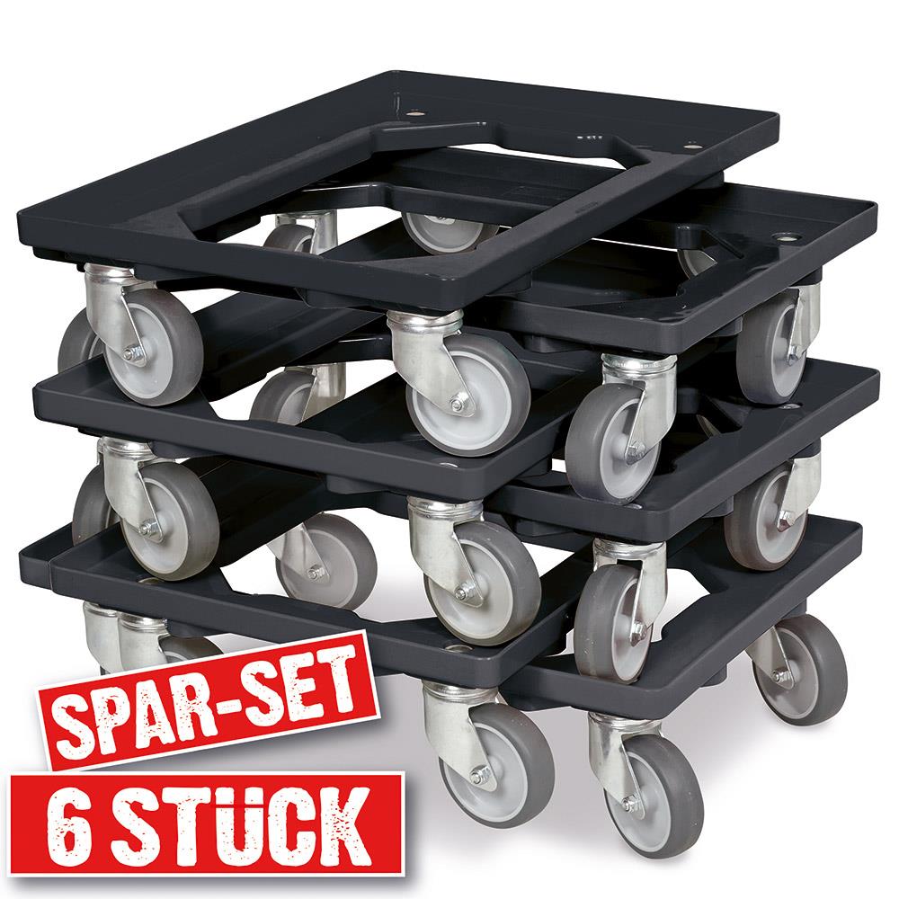 6x Transportroller im Spar-Set, Farbe schwarz, für Kästen, Körbe, Kartons 600x400 mm