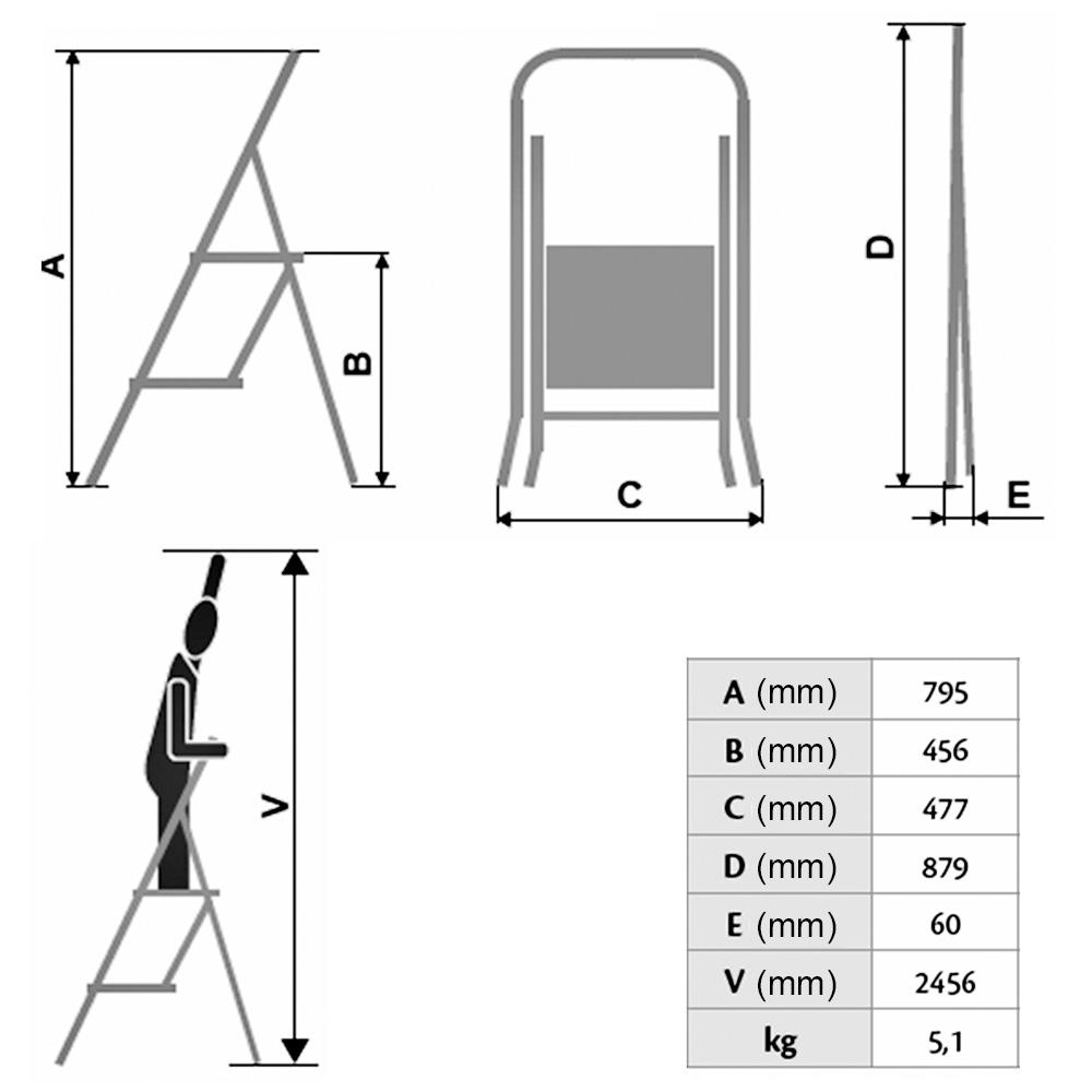 Klapptritt-Leiter aus Stahl mit 2 Stufen, Arbeitshöhe bis 2456 mm, Standhöhe 456 mm, Tragkraft bis 150 kg