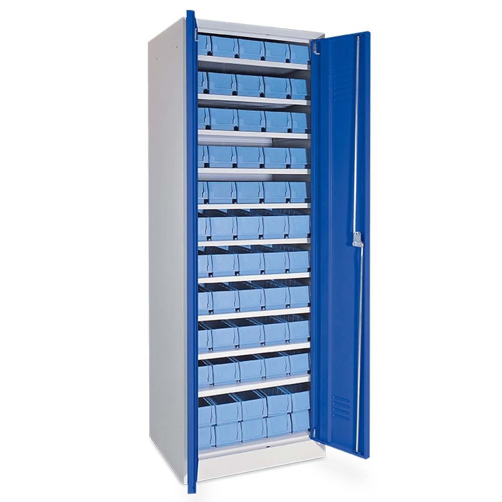 Schrank mit Regalkästen taubenblau, LxBxH 400x117x90 mm, Türen in enzianblau RAL 5010