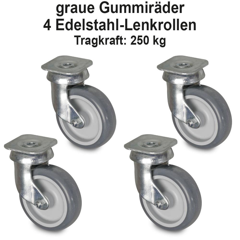 Gitter-Transportroller für 600x400 mm Eurobehälter, Gitterdeck, 4 Edelstahl-Lenkrollen, graue Gummiräder, rot