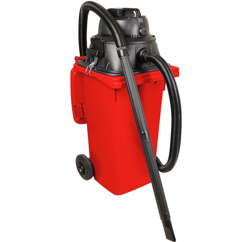 Nass-/Trockensauger 1100 Watt, inkl. zusätzl. Steckdosenanschluss, mit 120 Liter Behälter (DIN Mülltonne) rot
