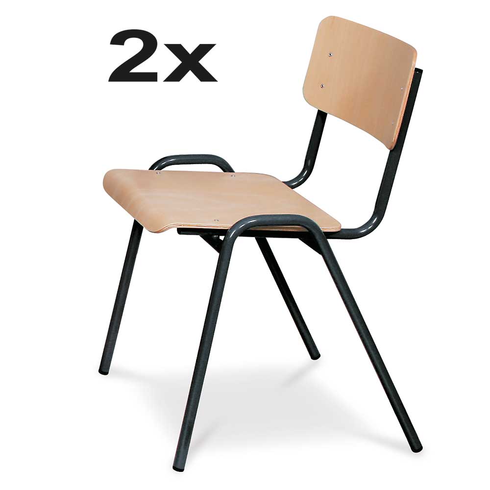 2-Set Stapel-Stuhl/Warteraum-Stuhl mit Stahlrohrgestell, belastbar bis 91 kg, kunststoffbeschichtet, Sitz und Lehne aus Buchenschichtholz, Gestellfarbe schwarz