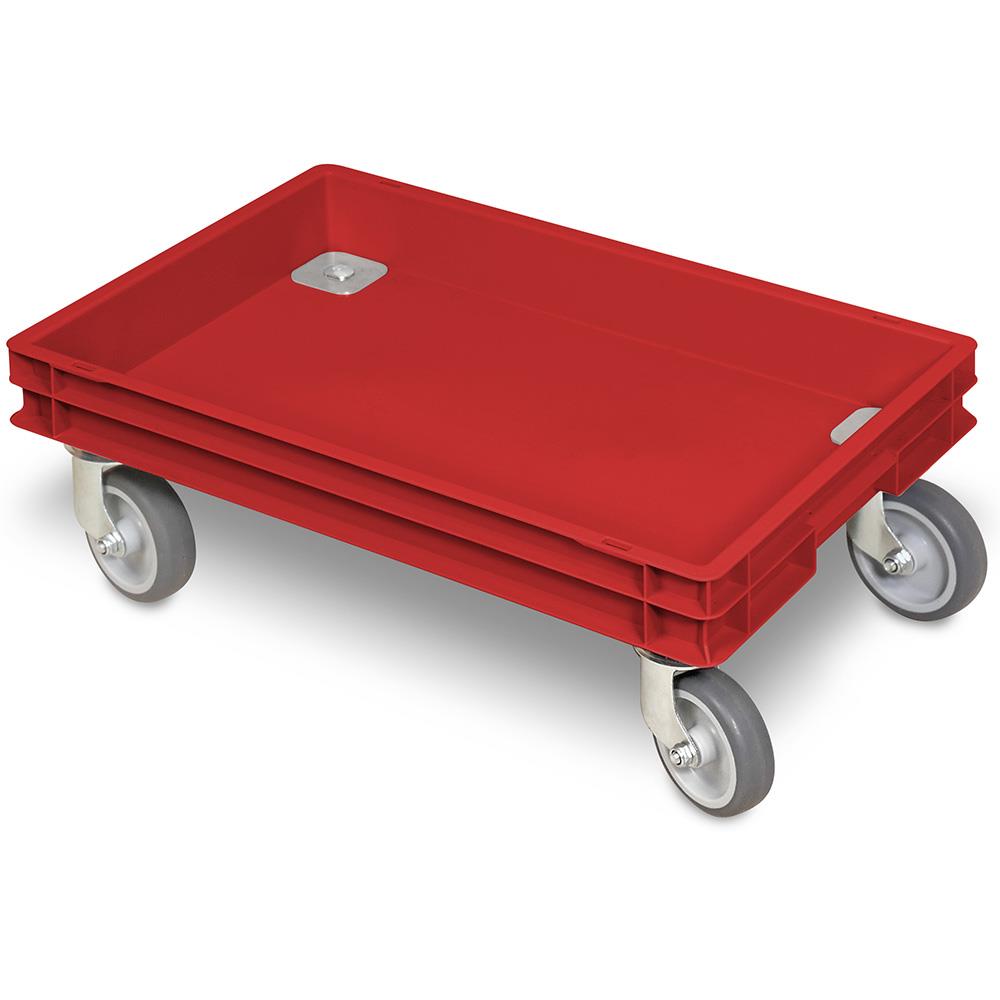 Rollkasten mit 4 Lenkrollen für 600x400mm Eurobehälter, graue Gummiräder, Tragkraft 100 kg, rot