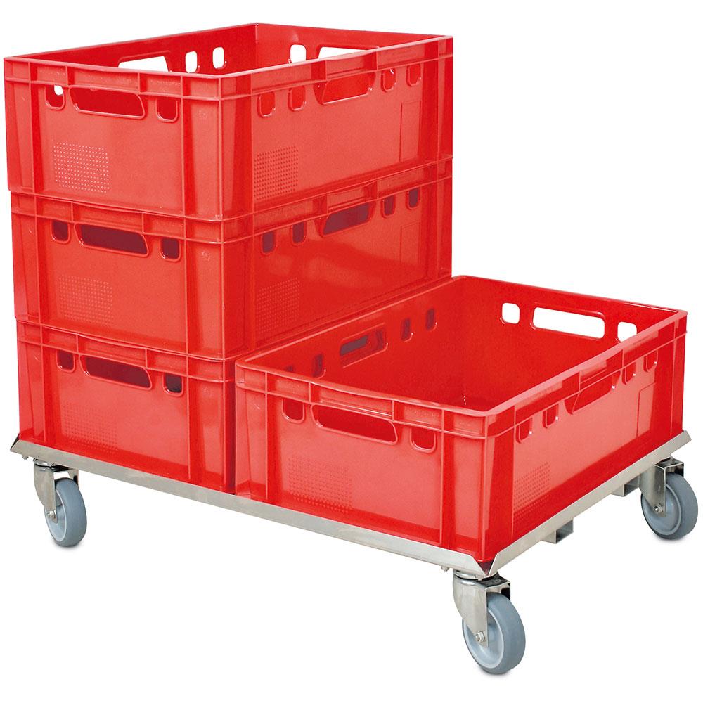 Edelstahl-Transportroller für 800x600 mm/2x 600x400 mm Behälter, graue Gummiräder, verzinkte Lenkrollen, Deck geschlossen, Tragkraft 250 kg