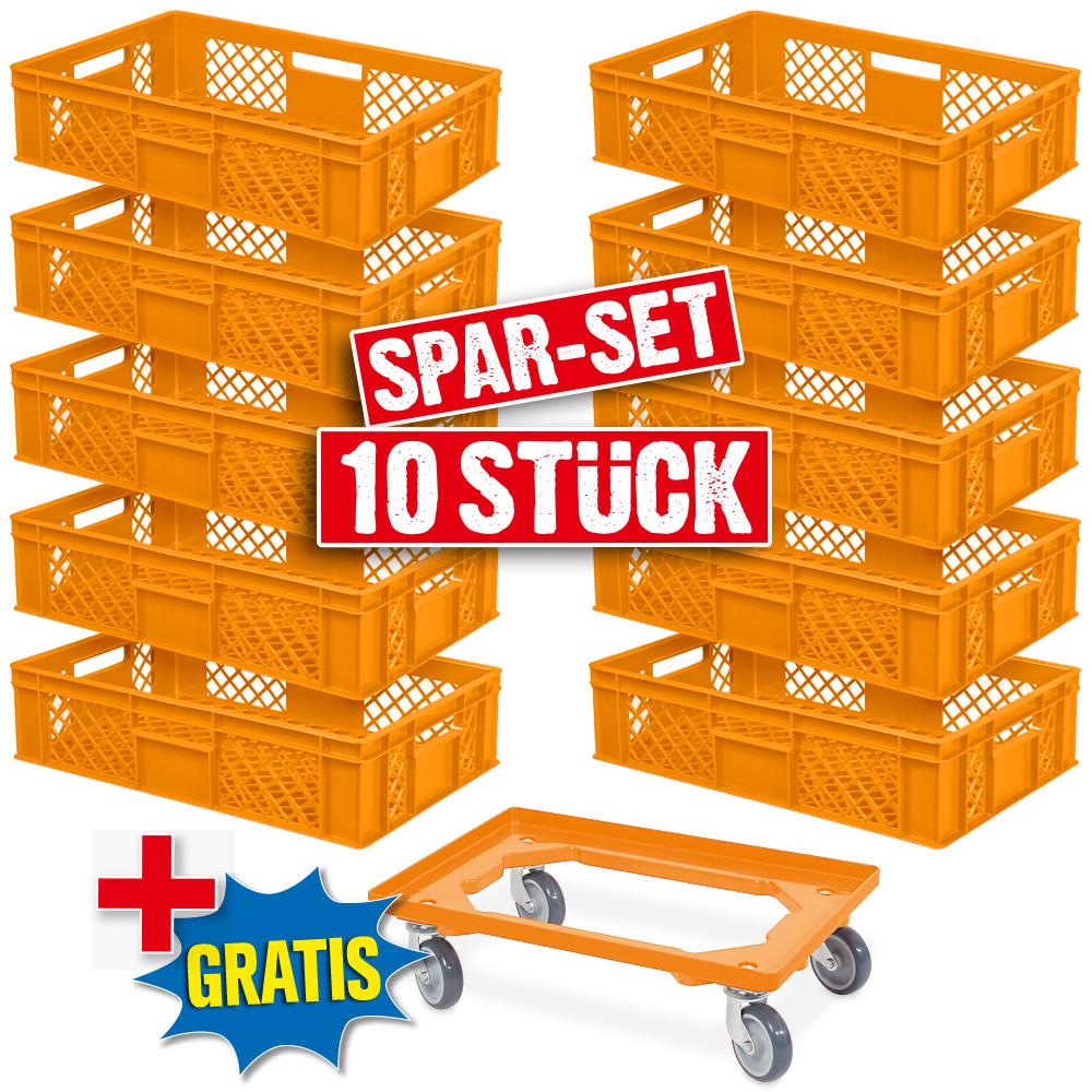 10x Euro-Stapelbehälter 600x400x150 mm, orange +GRATIS 1 Transportroller