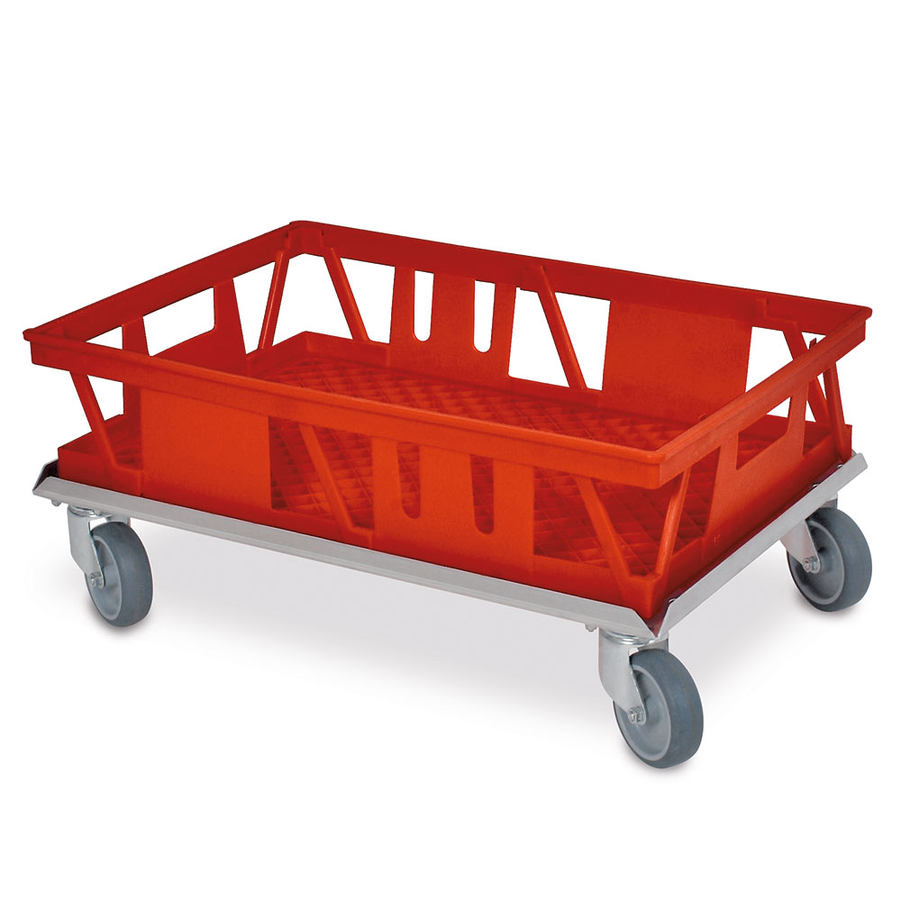 Alu-Transportroller für Kuchenblechkästen 660x460 und 655x450 mm, graue Gummiräder, Deck offen, Tragkraft 250 kg