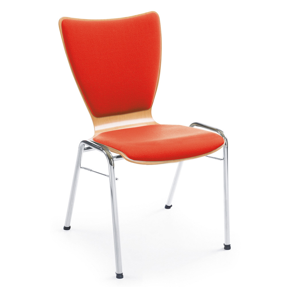 Holzschalen-Stapelstuhl, mit Sitz- und Rückenpolster in Farbe rot
