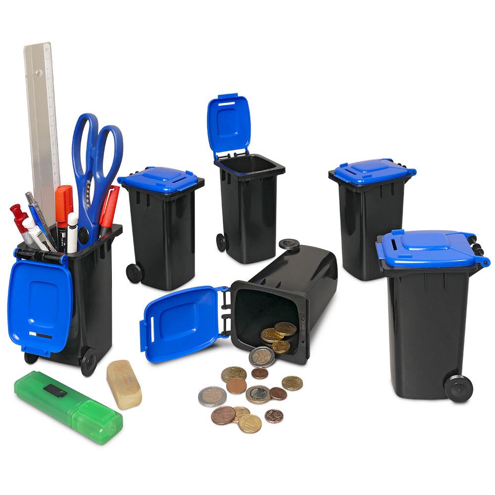 6er-Set Mini-Mülltonne mit Spardosenschlitz, Behälter grau / Deckel blau / Miniatur Stifte Box Büro Schreibtisch Sammelbox
