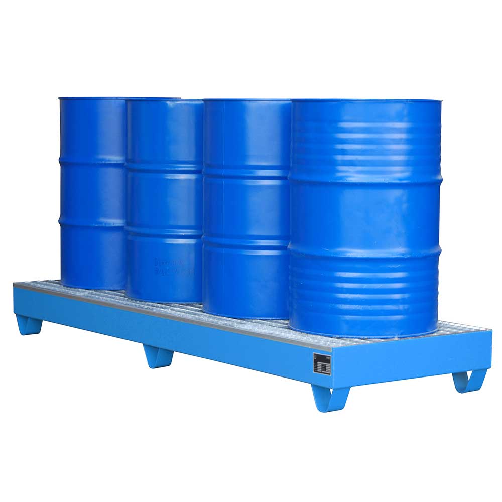 Auffangwanne aus Stahlblech, blau, für 4x 200 Liter-Fässer mit Gitterrost feuerverzinkt