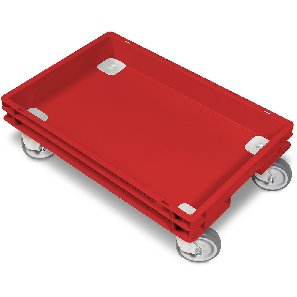 Rollkasten mit 4 Lenkrollen für 600x400mm Eurobehälter, graue Gummiräder, Tragkraft 100 kg, rot