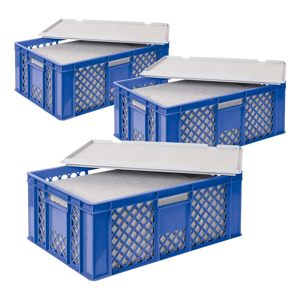 3x EPS-Thermobox im Stapelkorb mit Deckel, LxBxH 600x400x240 mm, blauer Korb, grauer Deckel 