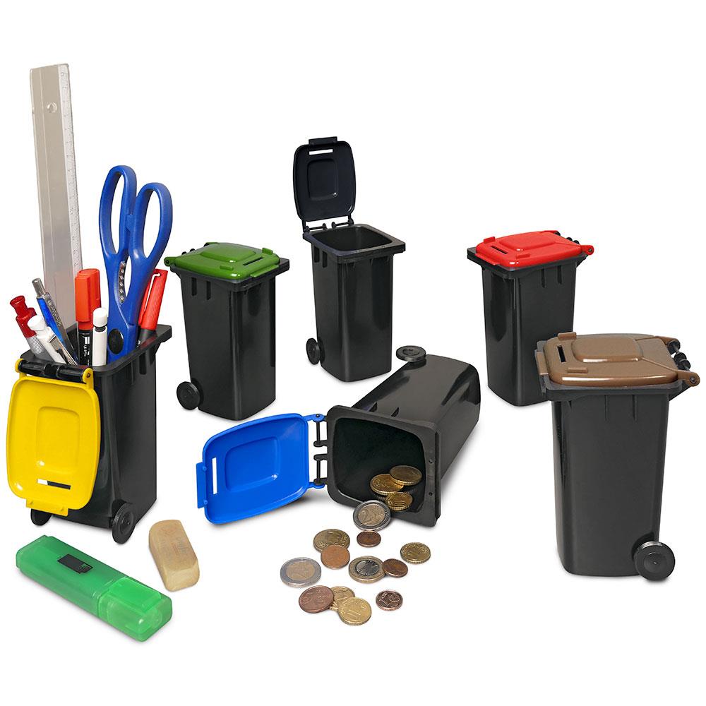 6er-Set Mini-Mülltonne mit Spardosenschlitz, Behälter grau / Deckel grau, braun, blau, gelb, rot und grün / Miniatur Stifte Box Büro Schreibtisch Sammelbox