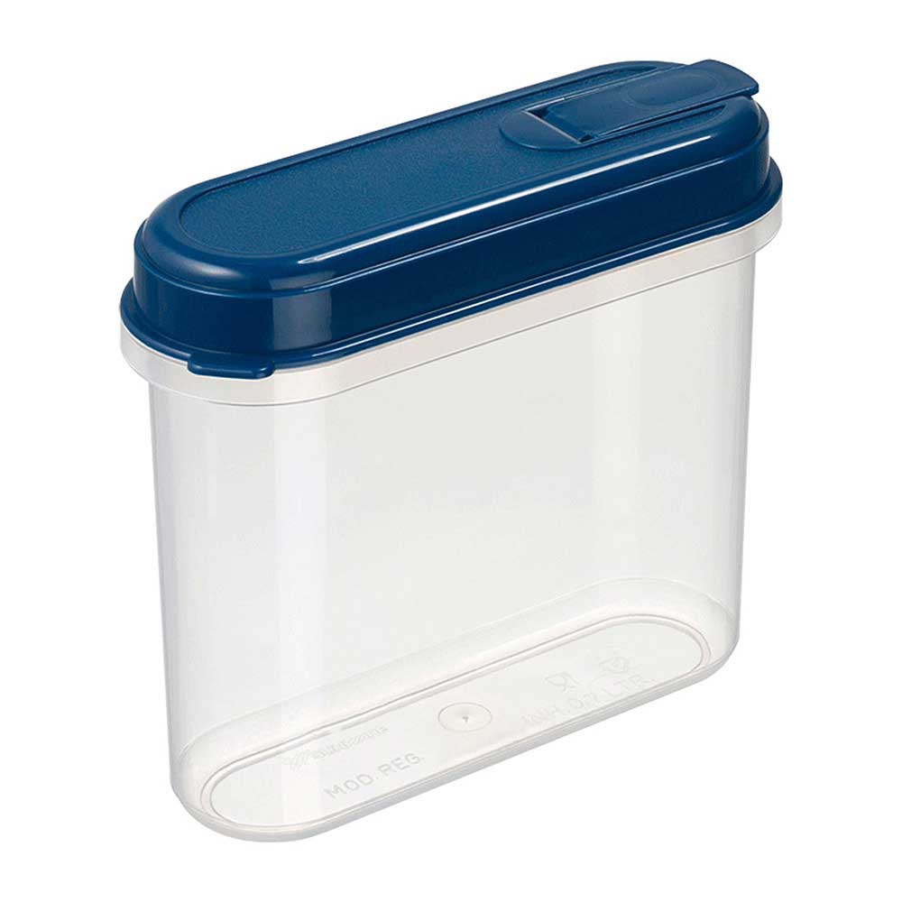 Lebensmitteldose mit Ausschüttöffnung, LxBxH 160x60x140 mm, 0,7 Liter, Dose glasklar, Deckel blau