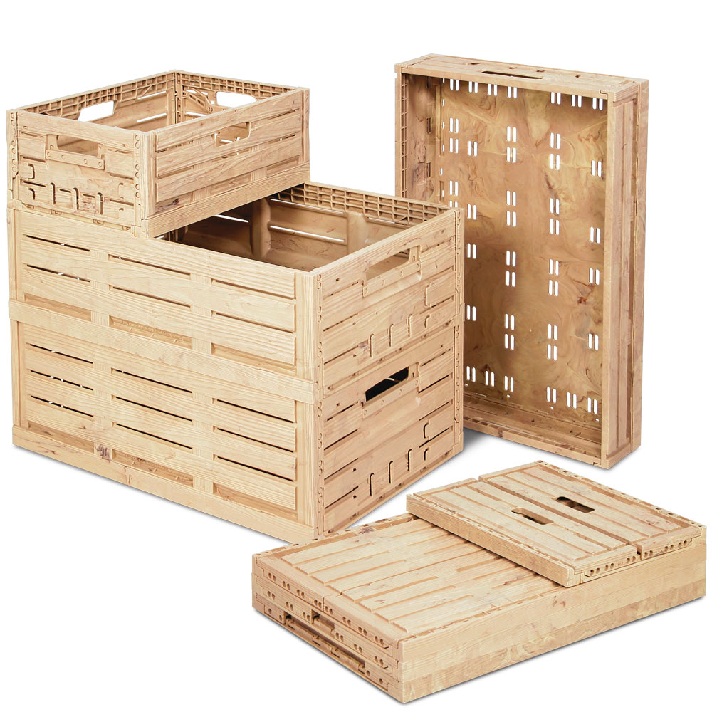 Klappbox im Holzdekor, geschlitzt, PP, LxBxH 600x400x165 mm, 33 Liter, beige
