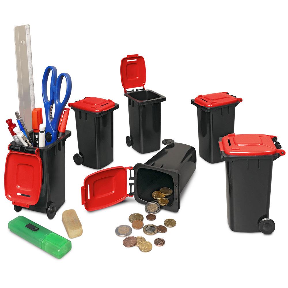 6er-Set Mini-Mülltonne mit Spardosenschlitz, Behälter grau / Deckel rot / Miniatur Stifte Box Büro Schreibtisch Sammelbox
