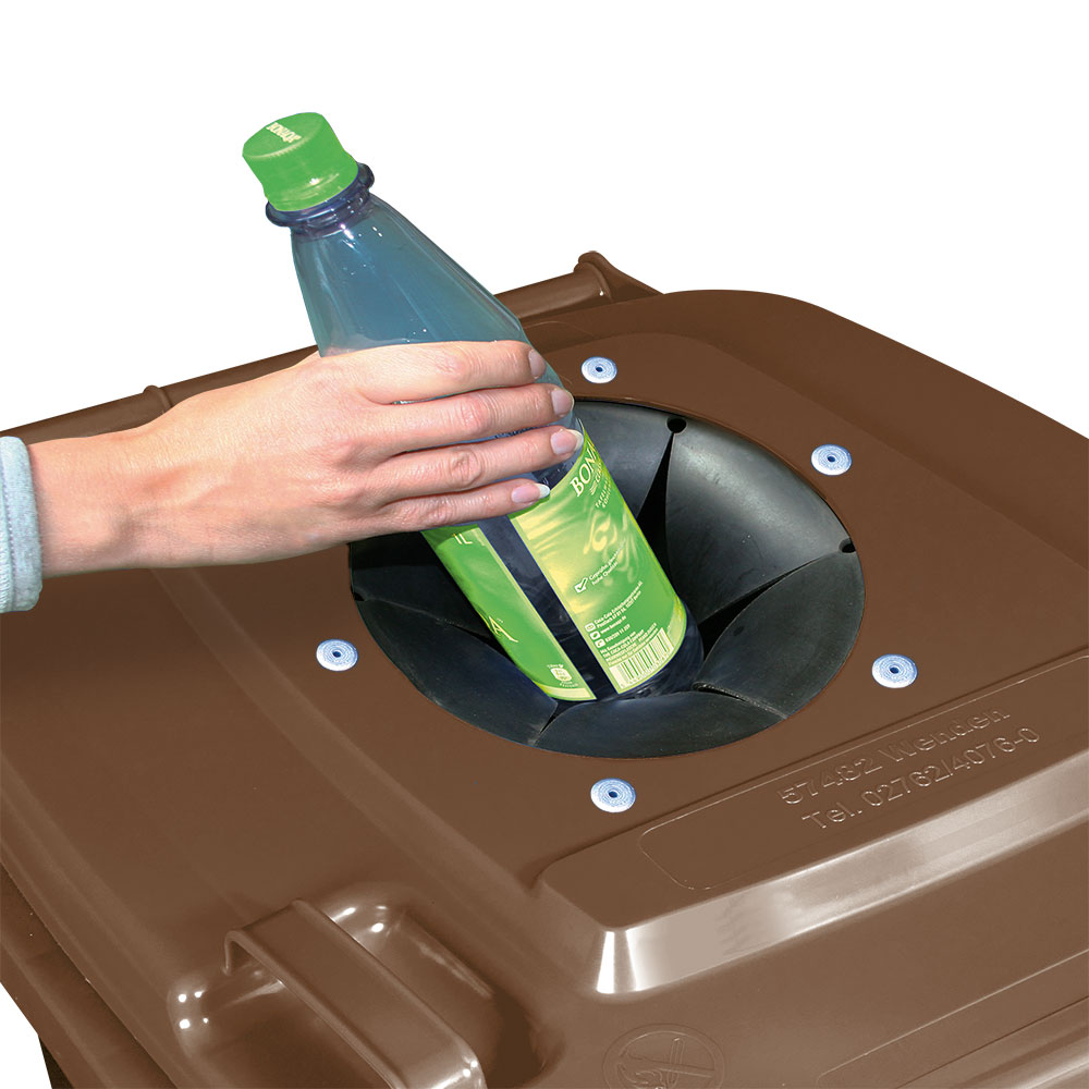 Verschließbarer Müllbehälter mit Flascheneinwurf und Gummirosette, 240 Liter, braun