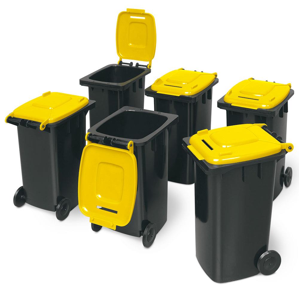 6er-Set Mini-Mülltonne mit Spardosenschlitz, Behälter grau / Deckel gelb / Miniatur Stifte Box Büro Schreibtisch Sammelbox