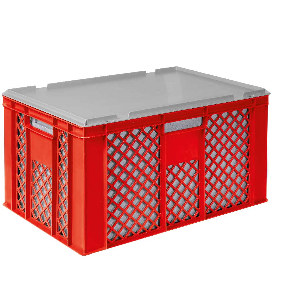 2x EPS-Thermobox im Stapelkorb mit Deckel, LxBxH 600x400x320 mm, roter Korb, grauer Deckel 