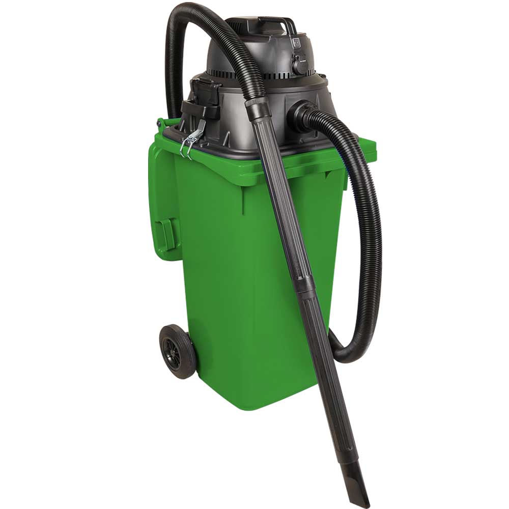 Nass-/Trockensauger 1100 Watt, inkl. zusätzl. Steckdosenanschluss, mit 120 Liter Behälter (DIN Mülltonne) grün