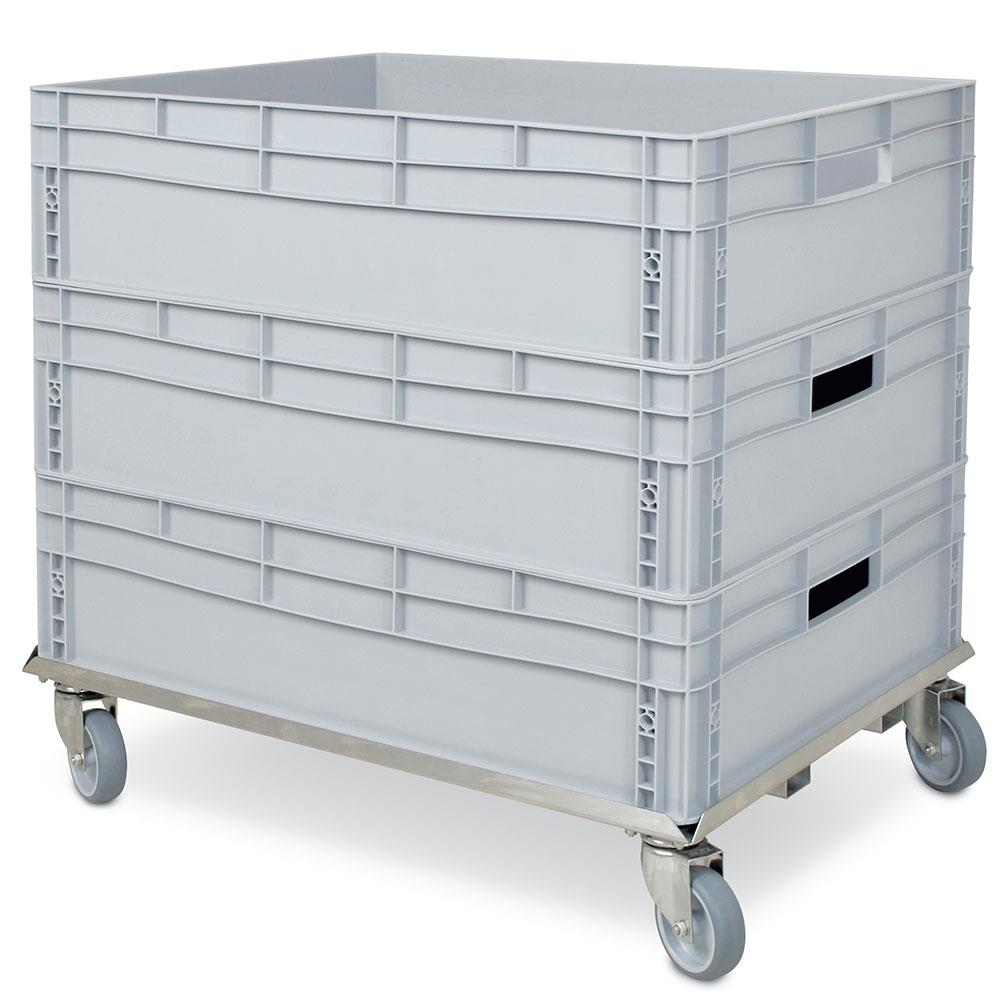 Alu-Transportroller für Stapelbehälter 800x600 mm, graue Gummiräder, Deck geschlossen, Tragkraft 250 kg