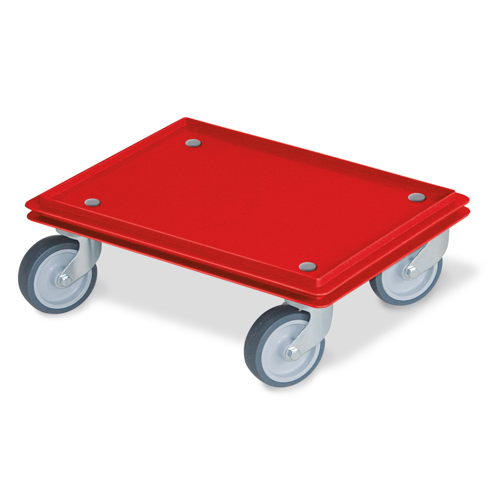 Transportroller für 400x300 mm Eurobehälter, geschlossenes Deck, 4 Lenkrollen, graue Gummiräder, rot