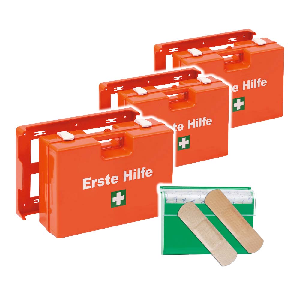 Erste-Hilfe-Koffer Spar-Set mit Füllung nach DIN 13157, 3x Erste-Hilfe-Koffer + GRATIS: 1x Pflasterspender mit 100 Pflasterstrips 