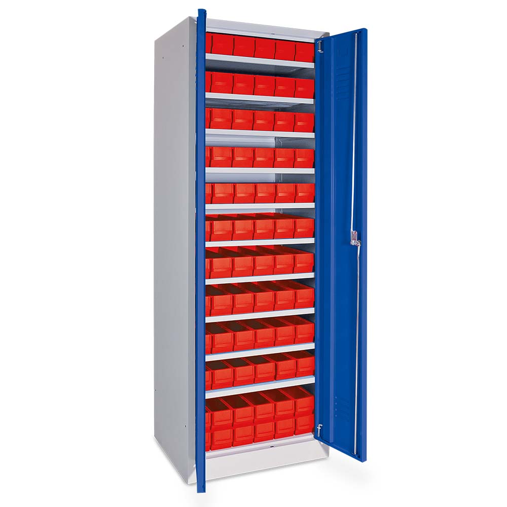 Schrank mit Regalkästen rot, LxBxH 400x91x81 mm, Türen in enzianblau RAL 5010