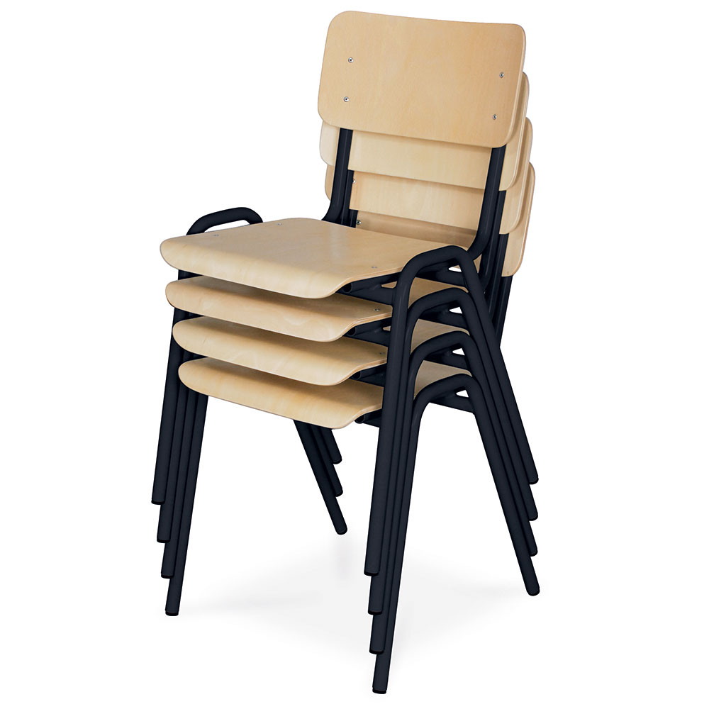 4-Set Stapel-Stuhl/Warteraum-Stuhl mit Stahlrohrgestell, belastbar bis 91 kg, kunststoffbeschichtet, Sitz und Lehne aus Buchenschichtholz, Gestellfarbe schwarz