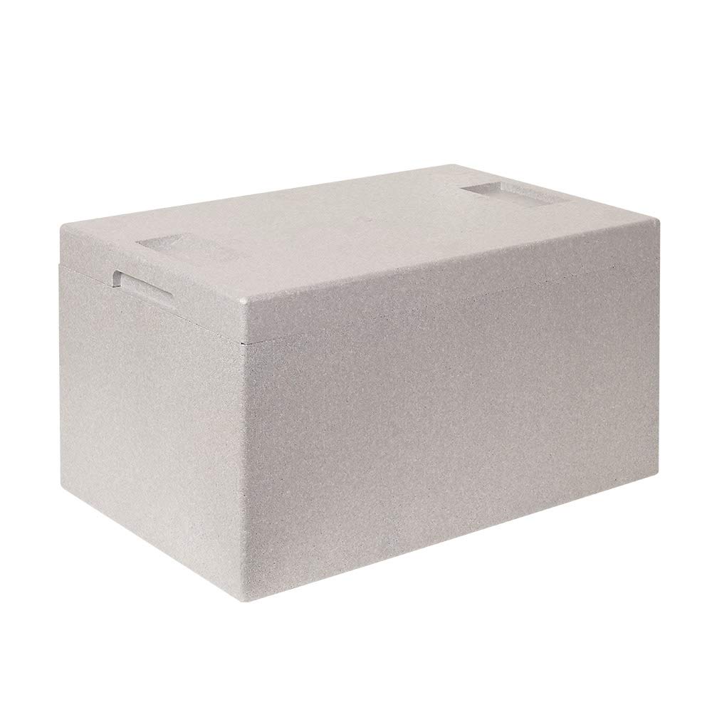 2x EPS-Thermobox im Stapelkorb mit Deckel, LxBxH 600x400x320 mm, roter Korb, grauer Deckel 