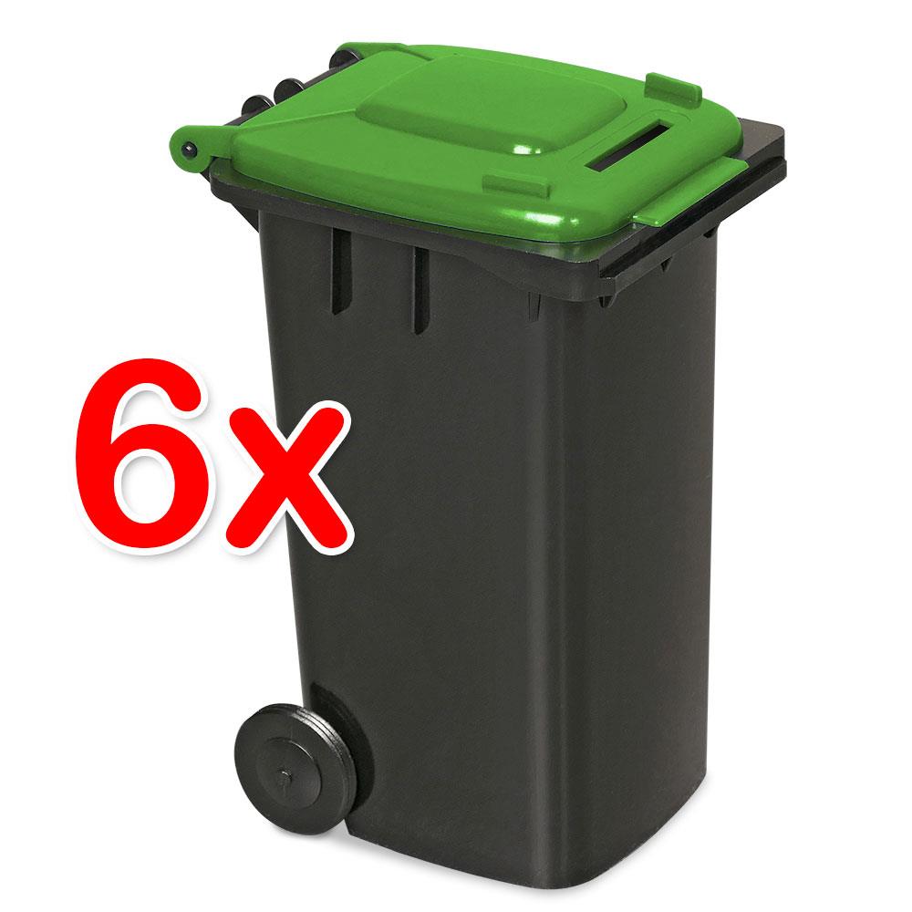 6er-Set Mini-Mülltonne mit Spardosenschlitz, Behälter grau / Deckel grün / Miniatur Stifte Box Büro Schreibtisch Sammelbox