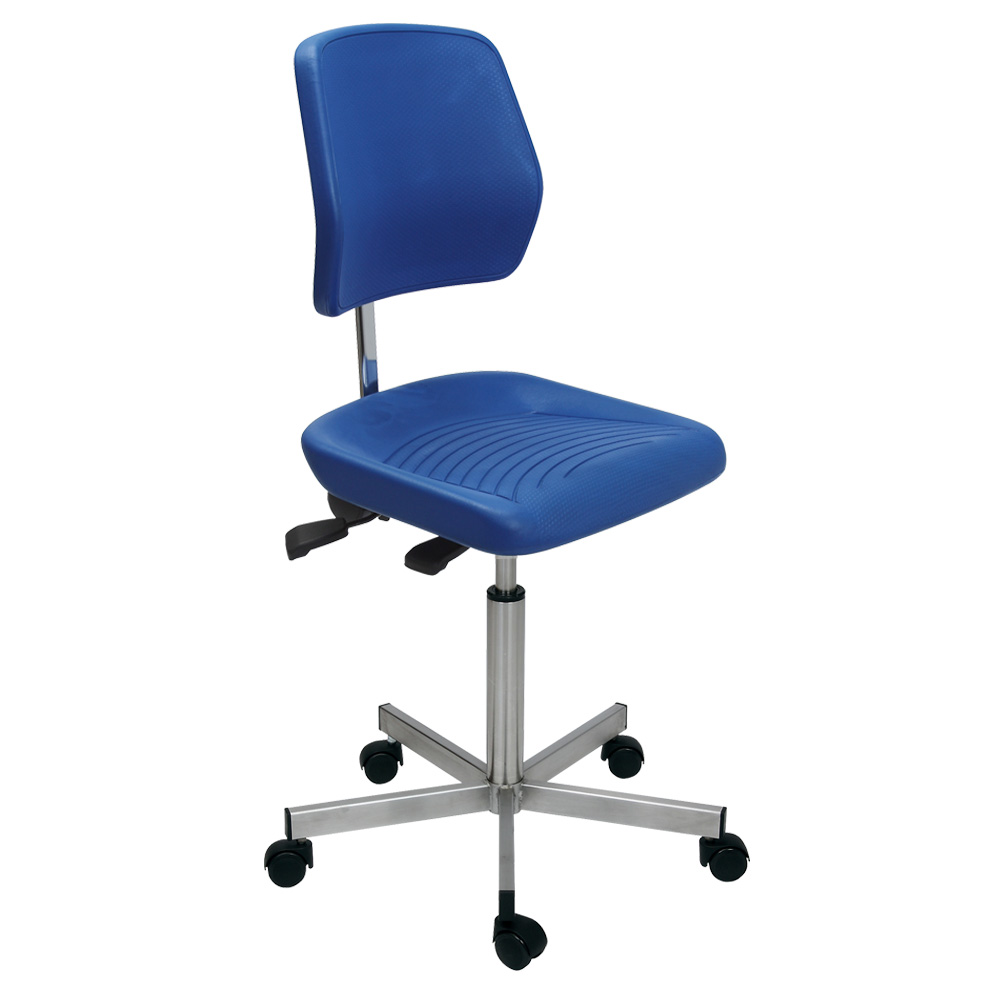 Edelstahl-Arbeitsdrehstuhl auf Rollen, Sitz- u. Rückenlehne aus Polyurethanschaum, blau