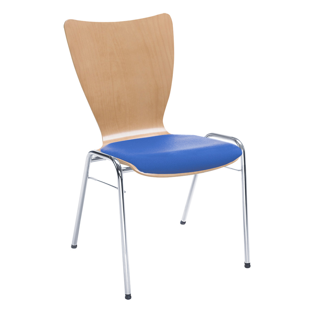 Holzschalen-Stapelstuhl, mit Sitzpolster blau, Gestell aus Rundrohr 20x1,5 mm, verchromt