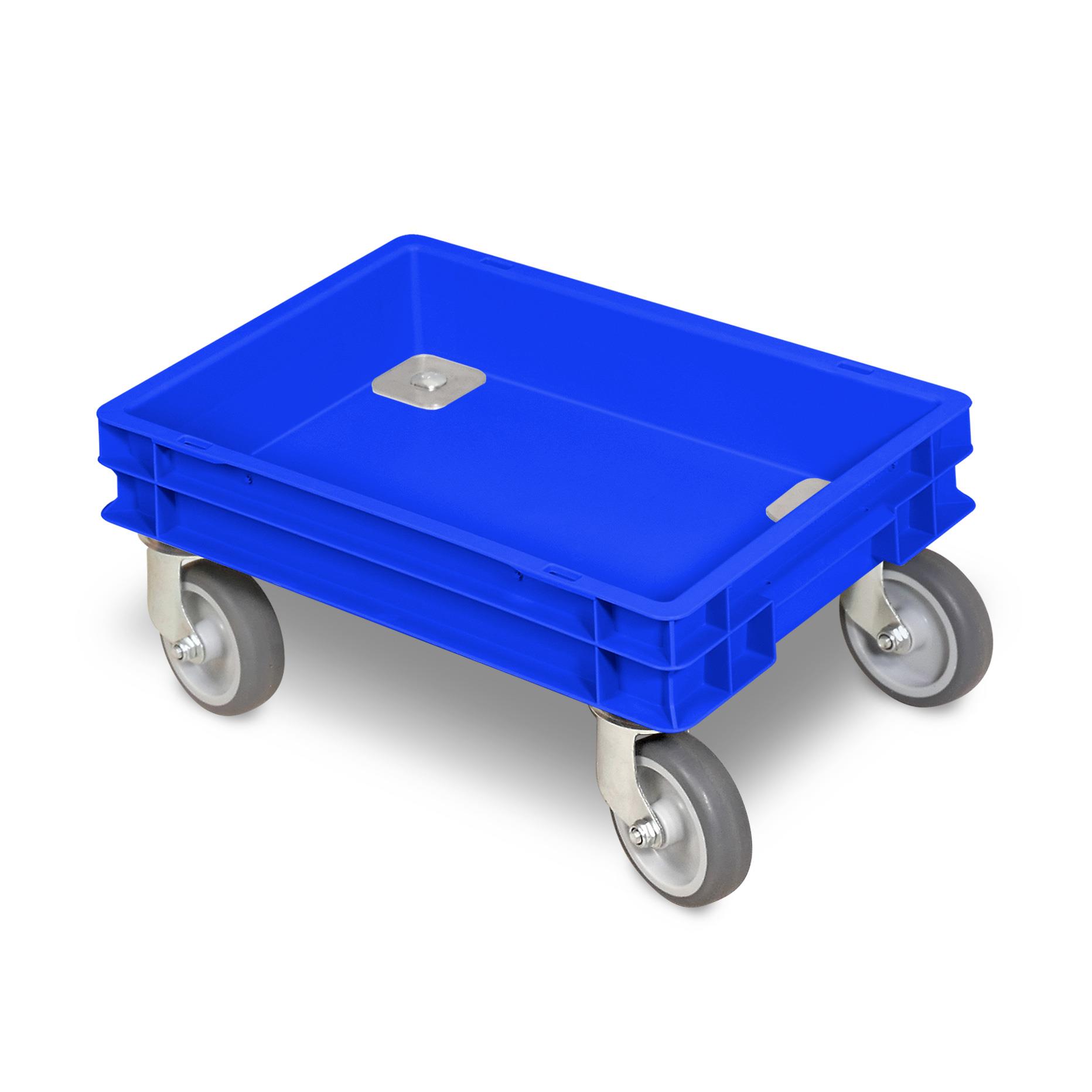 Rollkasten mit 4 Lenkrollen für 400x300mm Eurobehälter, graue Gummiräder, Tragkraft 100 kg, blau