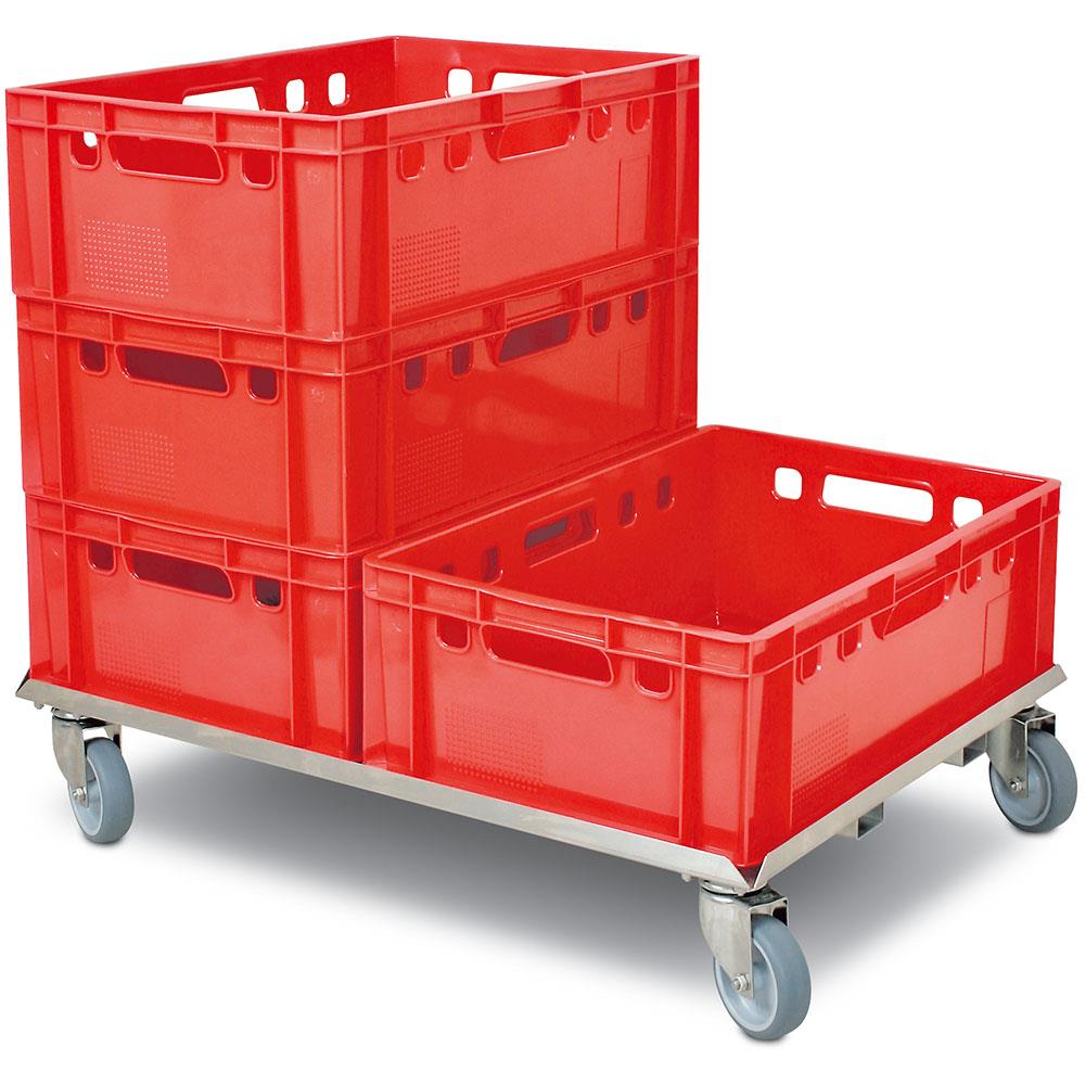 Alu-Transportroller für Stapelbehälter 800x600 mm, graue Gummiräder, Deck geschlossen, Tragkraft 250 kg