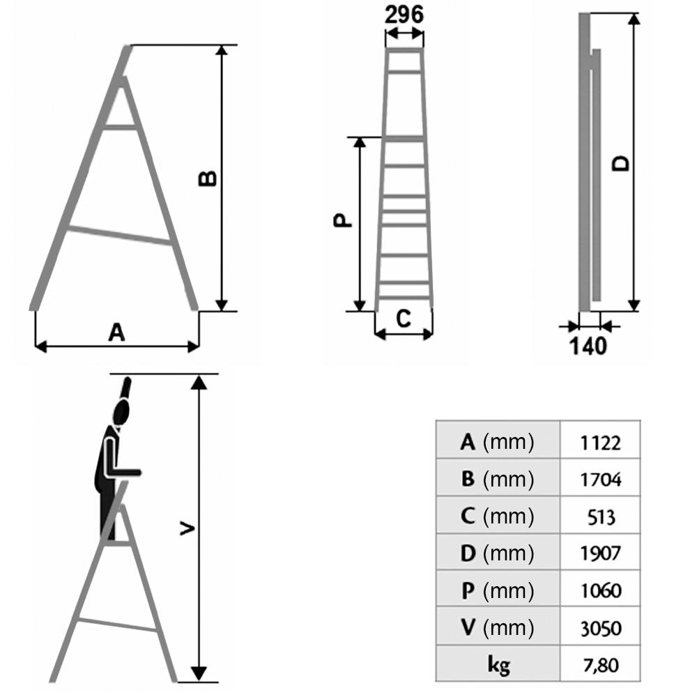 Alu-Stufenleiter mit 5 XXL-Stufen, max. erreichbare Arbeitshöhe 3050 mm