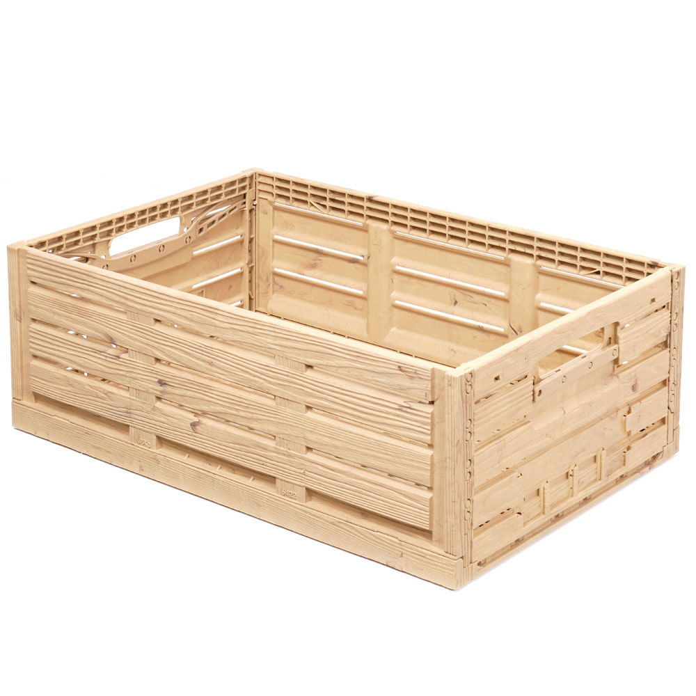 Klappbox im Holzdekor, geschlitzt, PP, LxBxH 600x400x220 mm, 45 Liter, beige